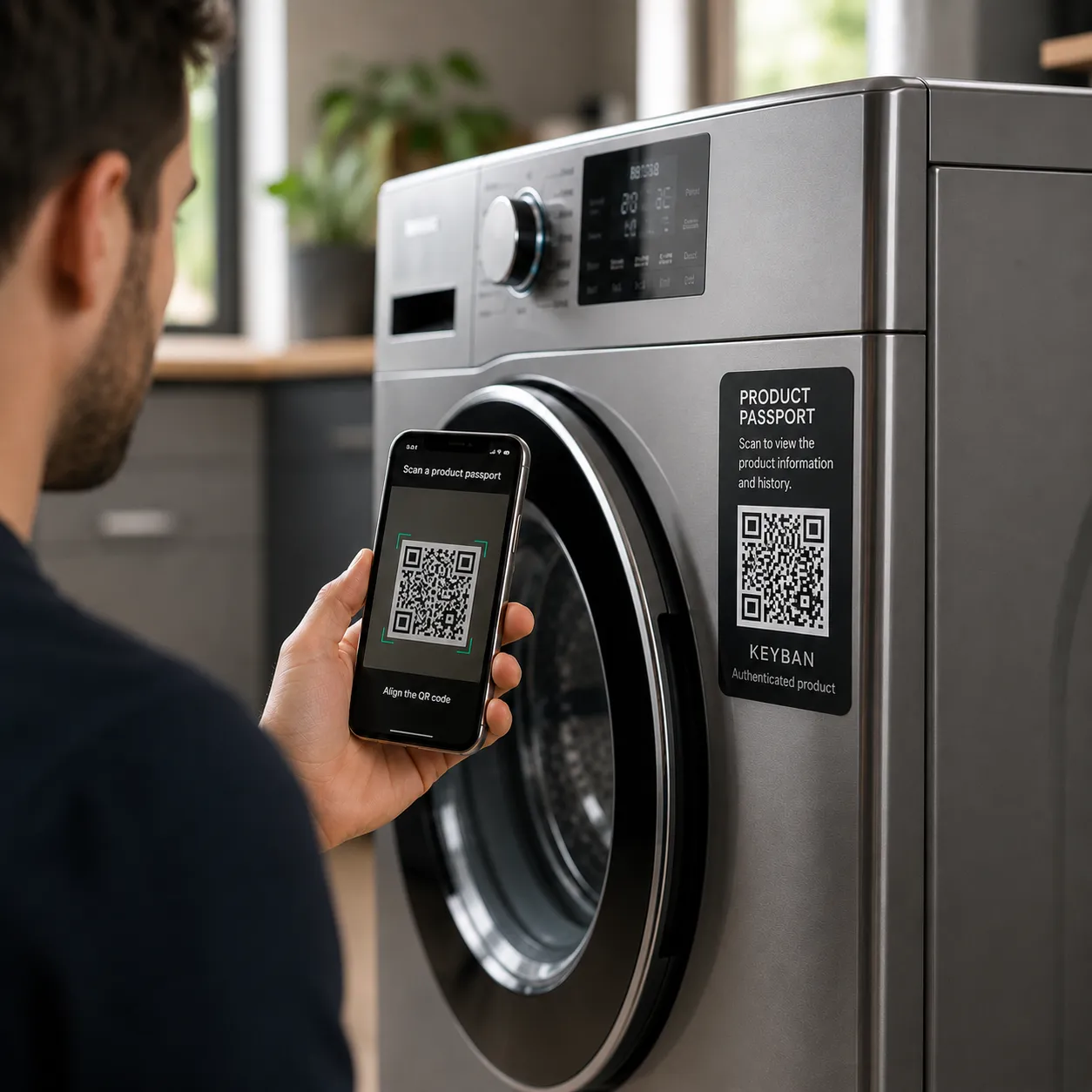 A customer scans an appliance's Keyban product passport. The brand controls the information, services and experience around the product.