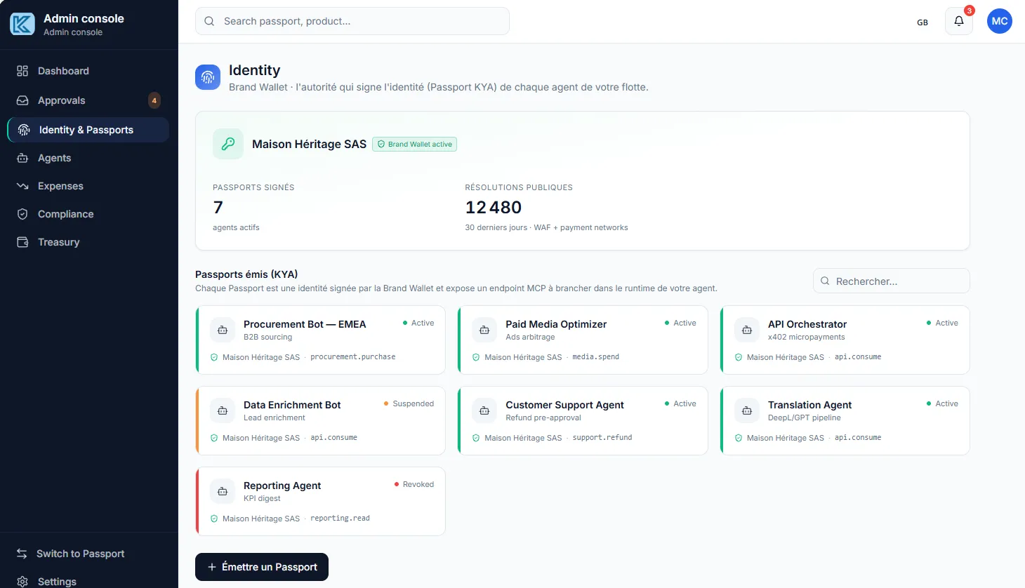 Console Agent Wallet affichant les identités et passeports signés des agents IA