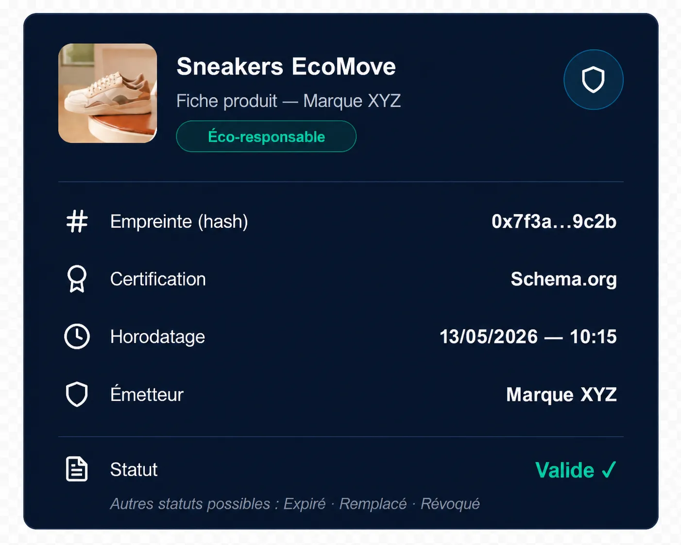 Trust Record Keyban d’une fiche produit Sneakers EcoMove affichant son empreinte, sa certification, son horodatage, son émetteur et son statut valide